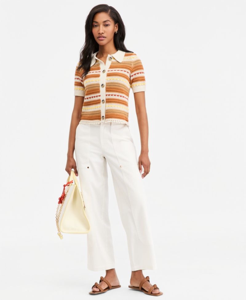 Women's Textured Stripe Short-Sleeve Collared Cardigan
