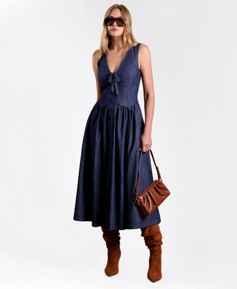 Women's Denim Vest Twofer Sleeveless V-Neck A-Line Midi Dress