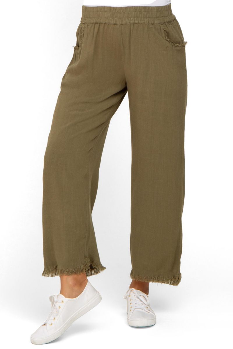 Women's Olive Linen Frayed Hem Crop Pants