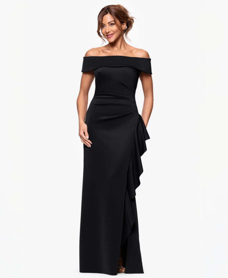 Petite Off-The-Shoulder Ruffled Side-Slit Gown