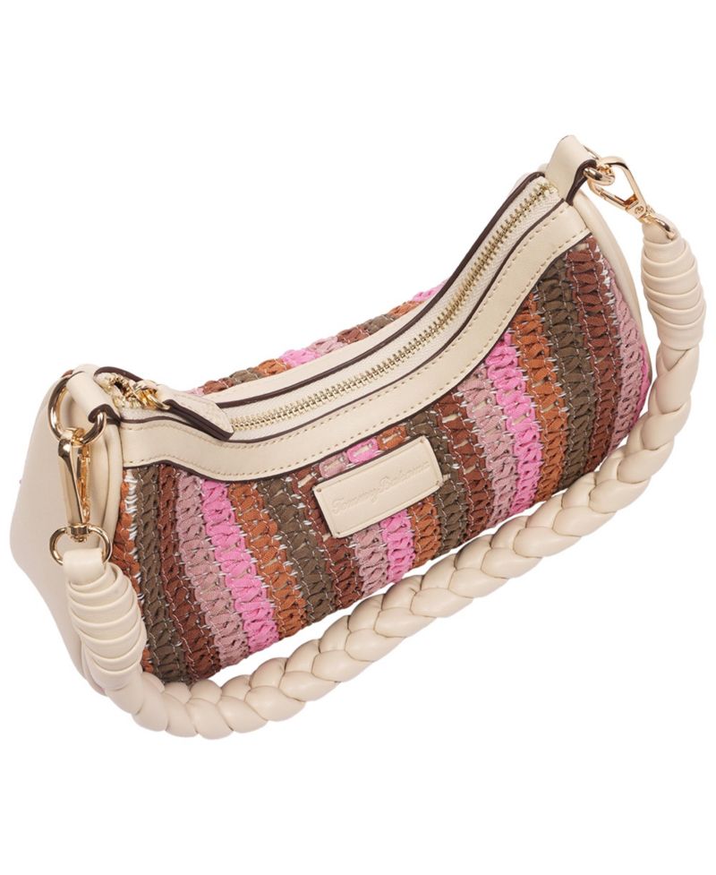 Woven Ribbon Zip Top Hobo Bag - Striped Woven Shoulder Bag with Braided Strap