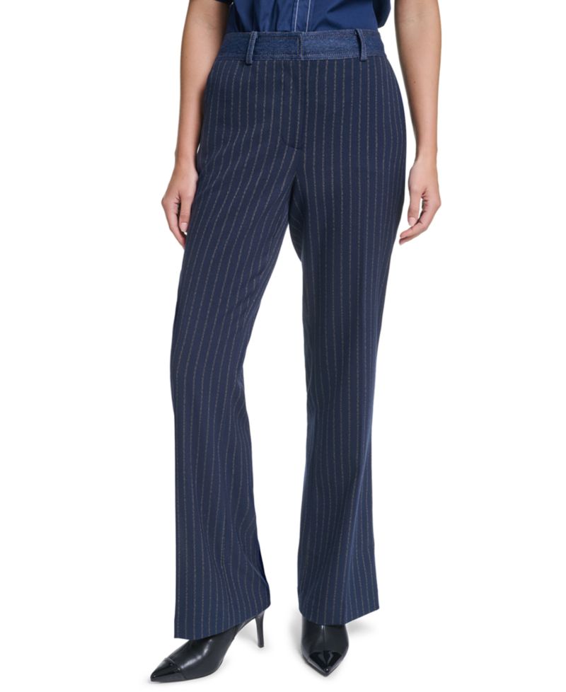 Petite Striped Straight-Leg Denim Waistband Pants