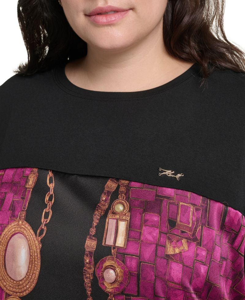 Plus Size Gemstone Knit Placed-Print Crewneck Blouse