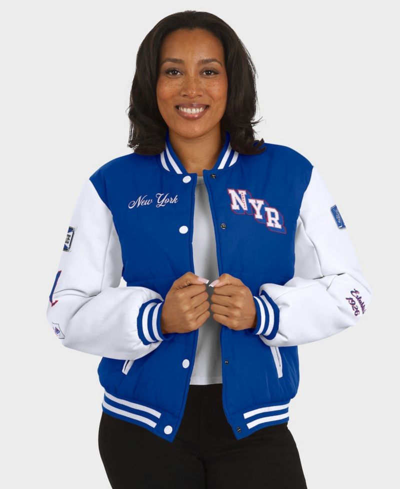 Women's Blue/White New York Rangers Varsity Full-Snap Puffer Jacket