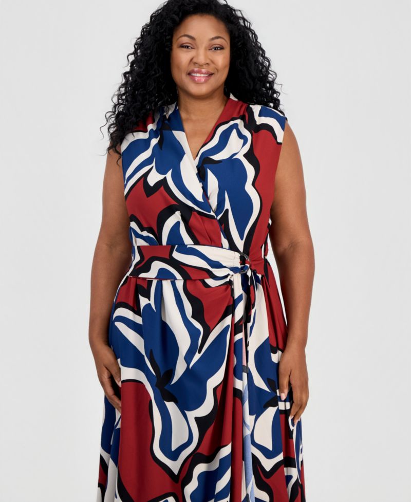 Plus Size Sleeveless Faux-Wrap Midi Dress