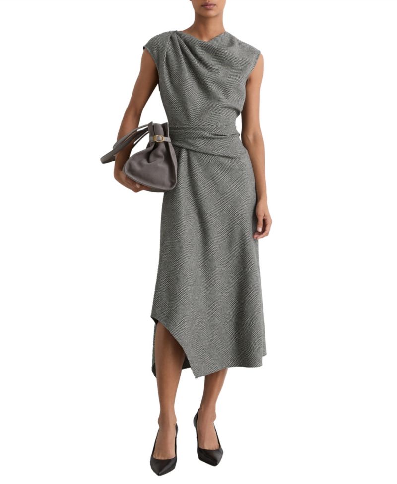 Women's Clara Sleeveless Prince of Wales Check Asymmetric Draping Midi Dress
