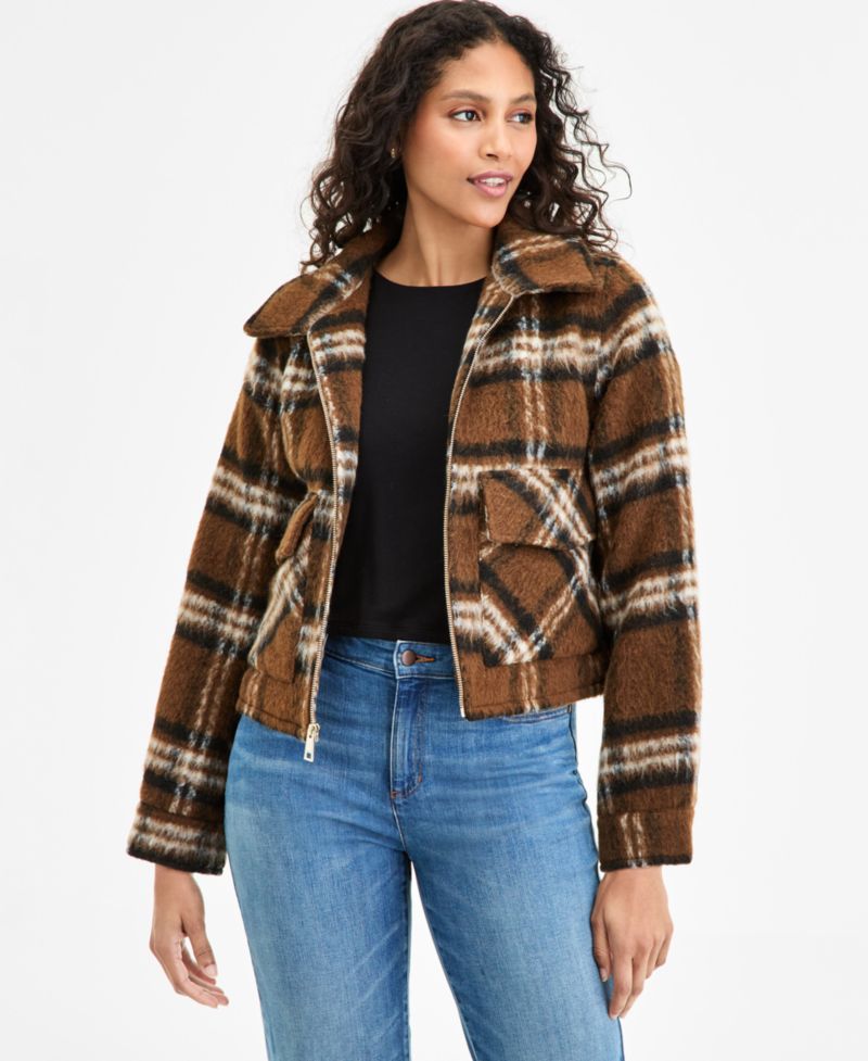 Women's Plaid Collared Zip-Front Coat