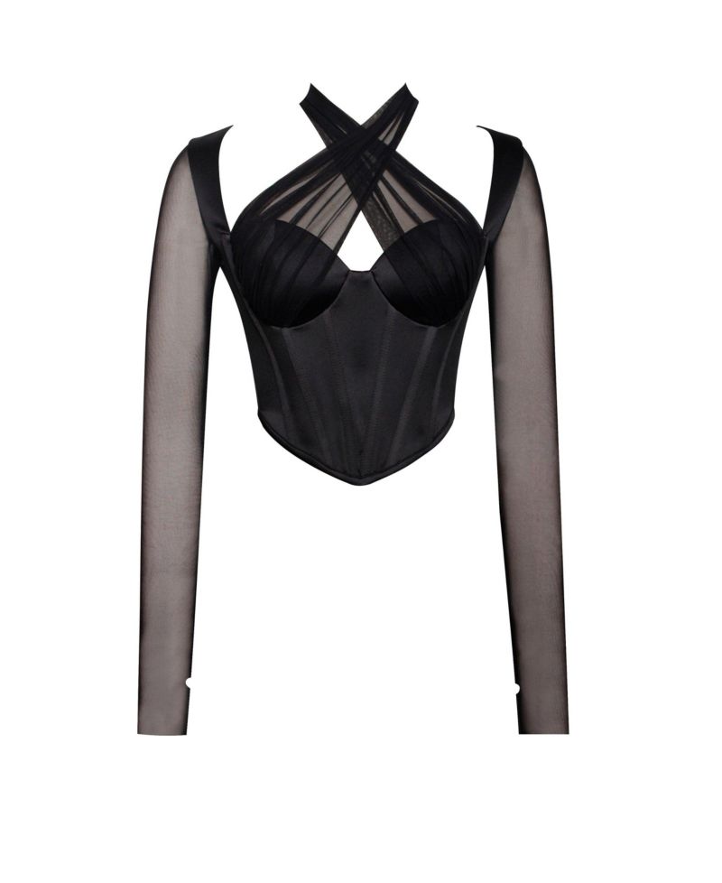Women's Nataly Black Mesh Satin Corset Top