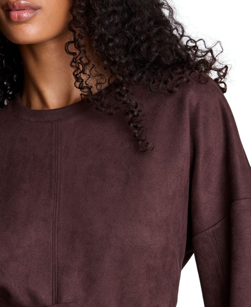 Women's Faux Suede Belted Crewneck Long Sleeve Pullover