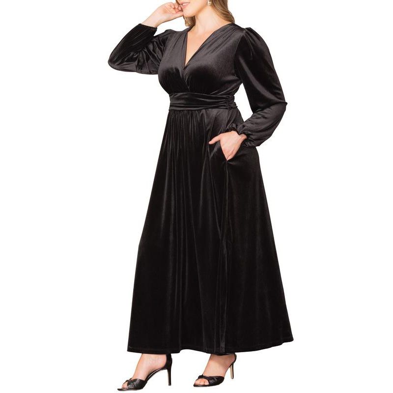 Plus Size Vivienne Long Sleeve Velvet Evening Gown with Pockets