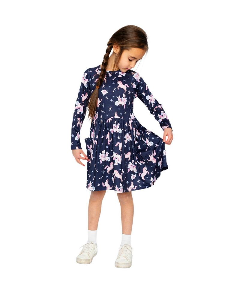 Girls' (6-12) Long Sleeve Unicorn Print Dress
