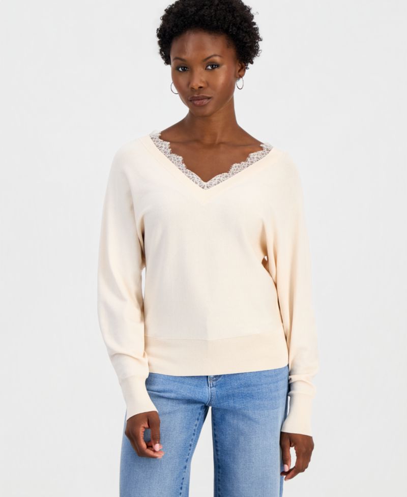 Petite Lace Trim Double V Neck Dolman Long-Sleeve Viscose-Blend Sweater