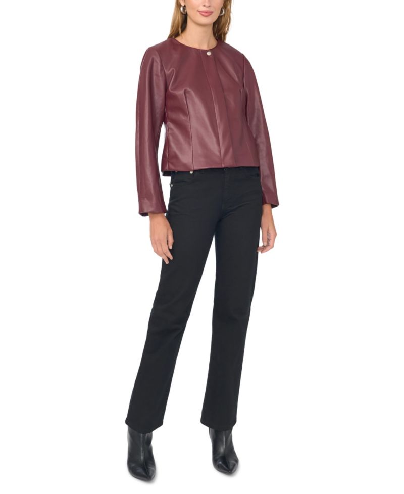 Women's Cropped Balloon-Sleeve Crewneck Faux Leather Jacket