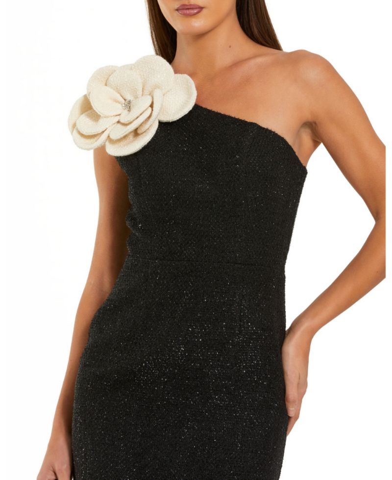 Women's One Shoulder Boucle Midi Dress With 3D Flower