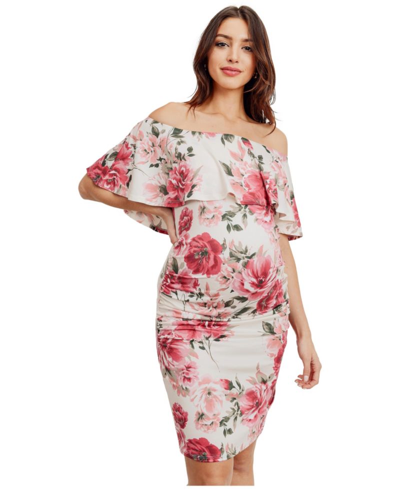 Maternity Floral Off-the-Shoulder Bodycon Dress