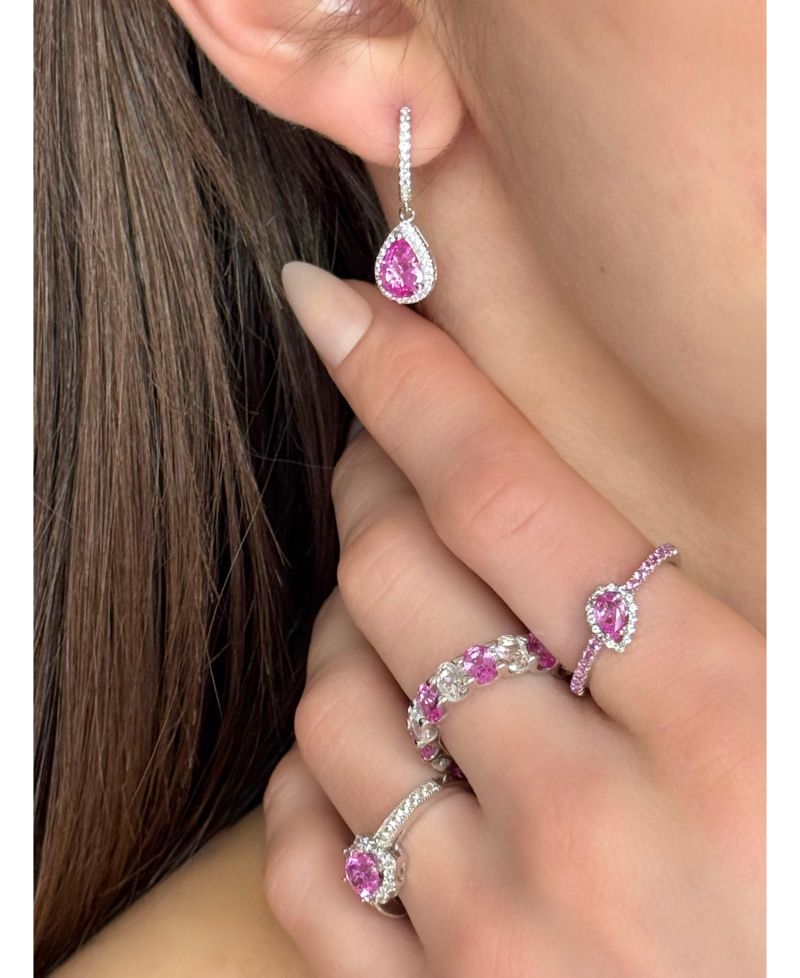 Suzy Levian Sterling Sapphire Pear Shape Halo Dangling Earrings