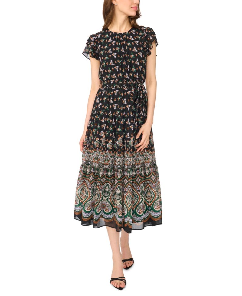 Women's Flutter-Sleeve Tie-Waist Midi Dress