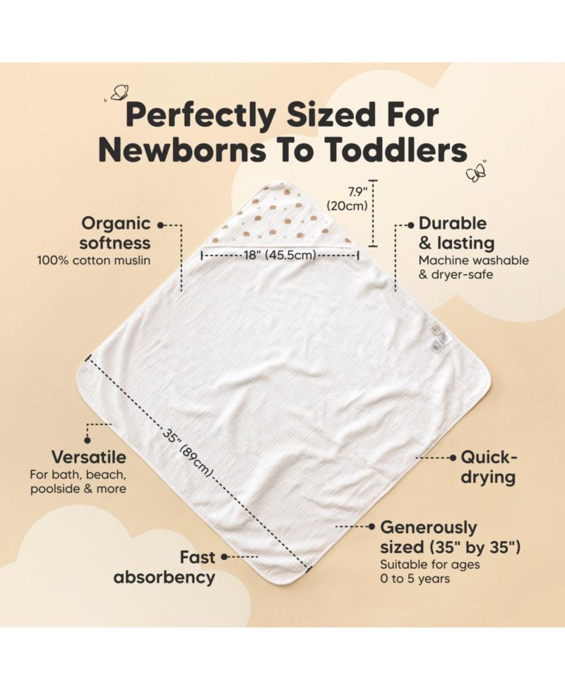 Lyra Muslin Baby Towels with Hoods for Newborn Girls, Boys, 100% Organic Cotton Soft Hooded Baby Bath Towels (Petite)