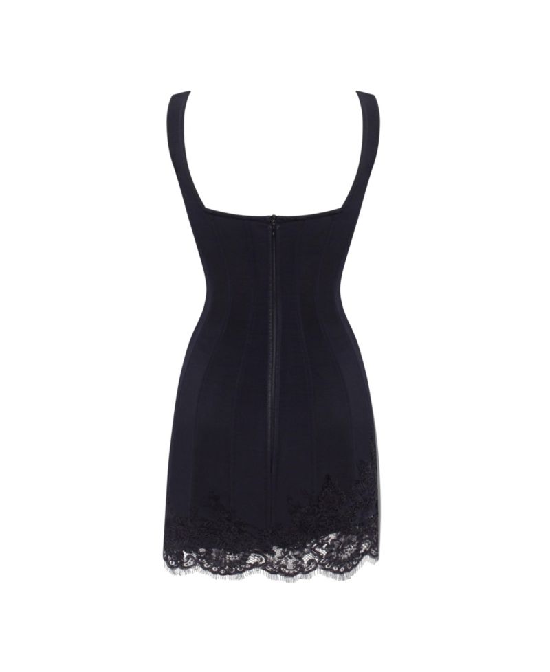 Womens Sultry Black Corset Mini Dress With Lace Hem
