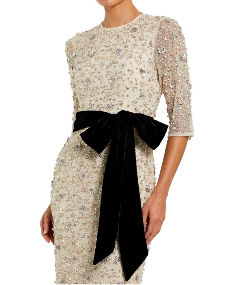 Women's Embellished Mesh Column Gown with Velvet Bow