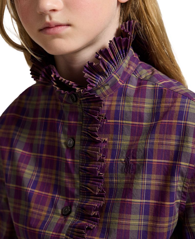 Girls' 7-16 Plaid Ruffled Cotton Poplin Top