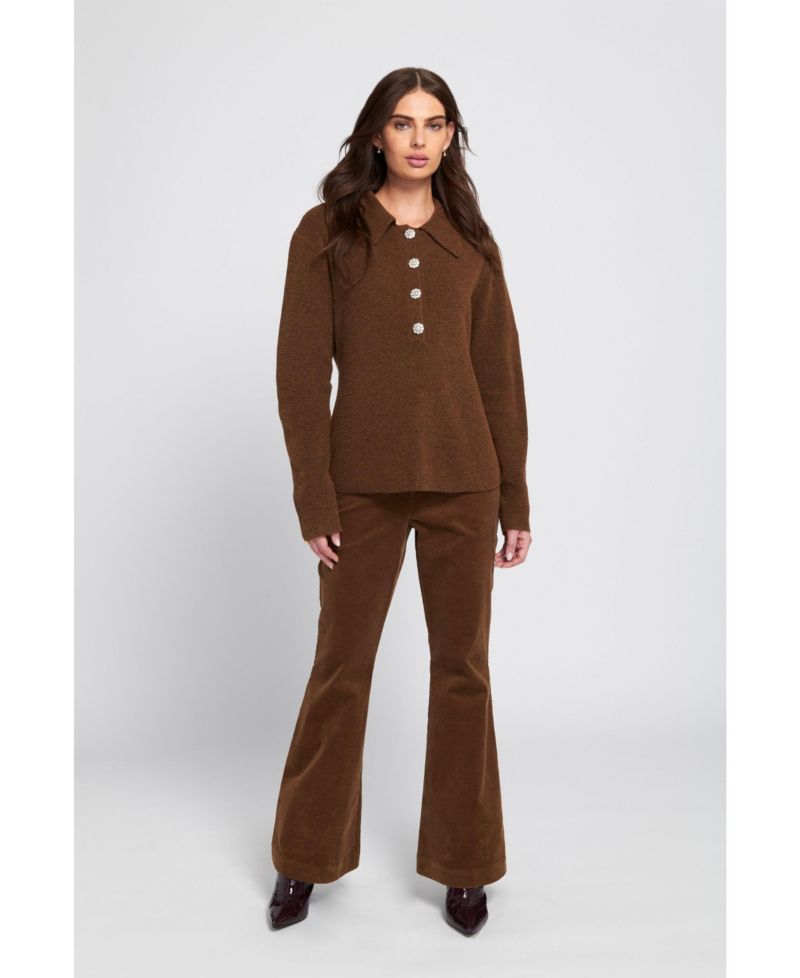Women's Fuzzy Knit Jumper Henley Sweater