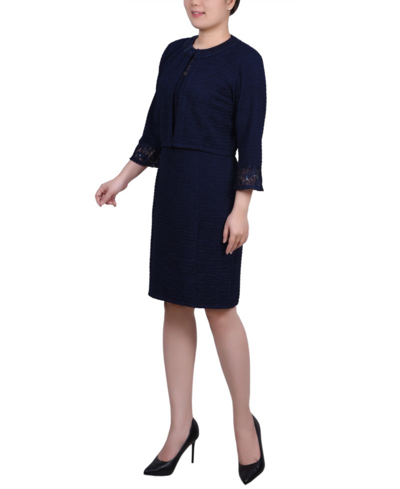 Petite Two Piece Novelty Knit and Lace Dress Set