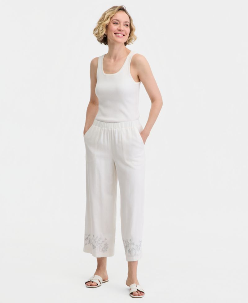 Women's High-Rise Embroidered Linen-Blend Cropped Pants