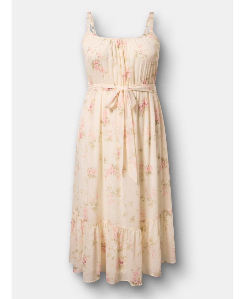 Plus Size Tea-Length Floral Scoop-Neck Dress