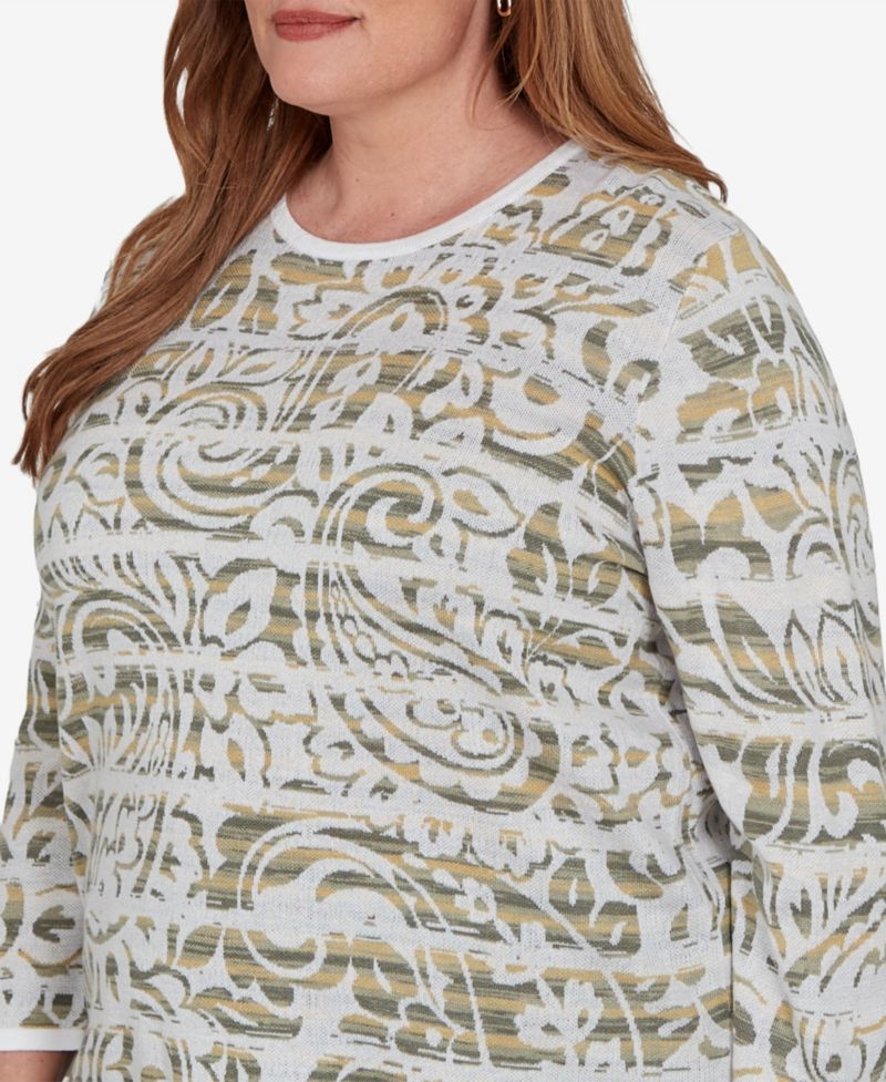 Plus Size Provence 3/4-Sleeve Crewneck Paisley-Stripe Spacedye Sweater