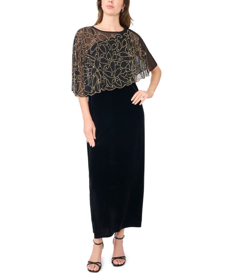 Women's Faraj Velvet Beaded-Cape Maxi Dress