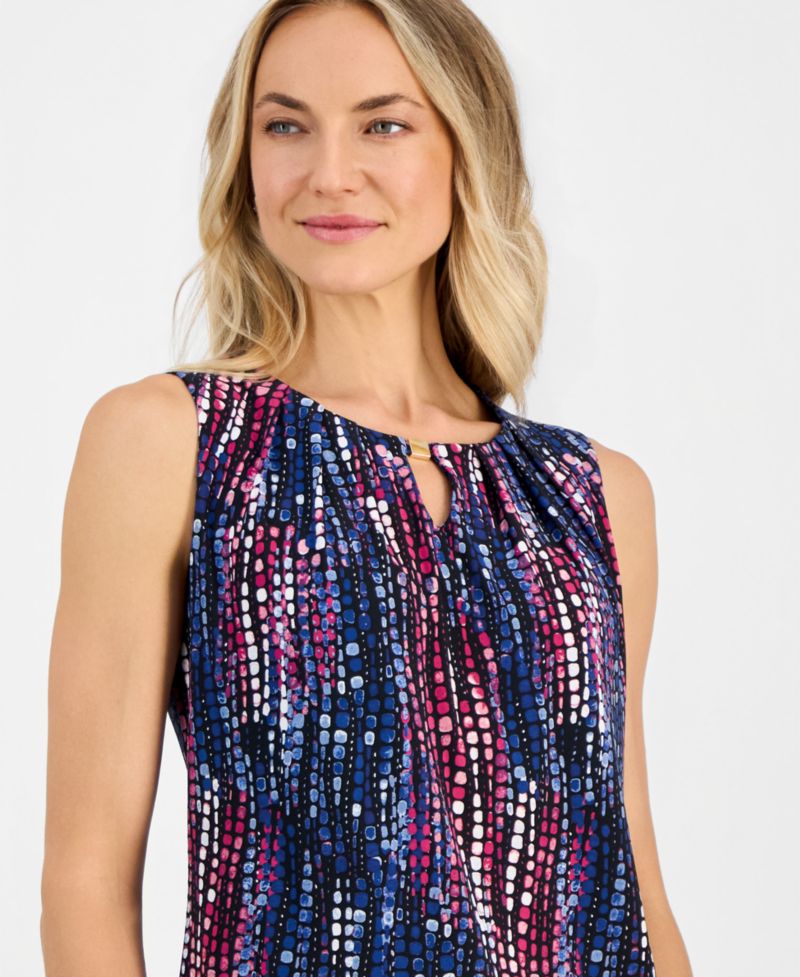 Petite Printed Pleat-Neck Sleeveless Top