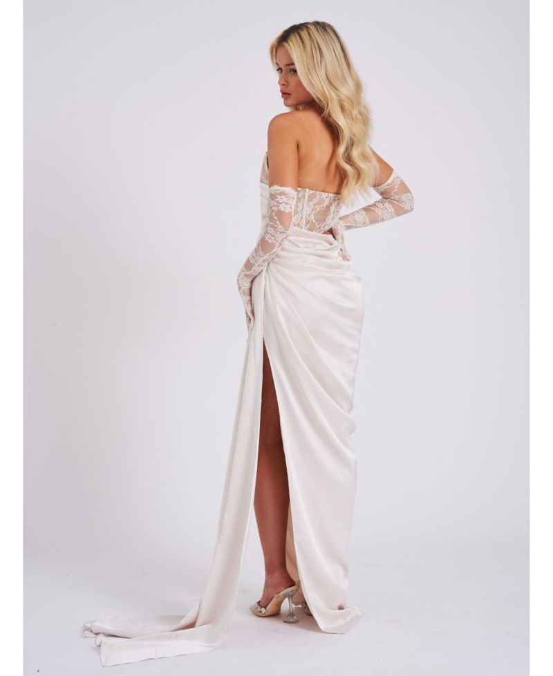 Women Callie Pearl White Lace Satin Corset High Slit Gown