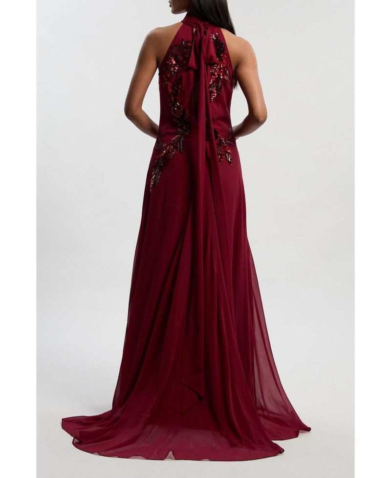 Women's Feather Embellished Halter Maxi Dress