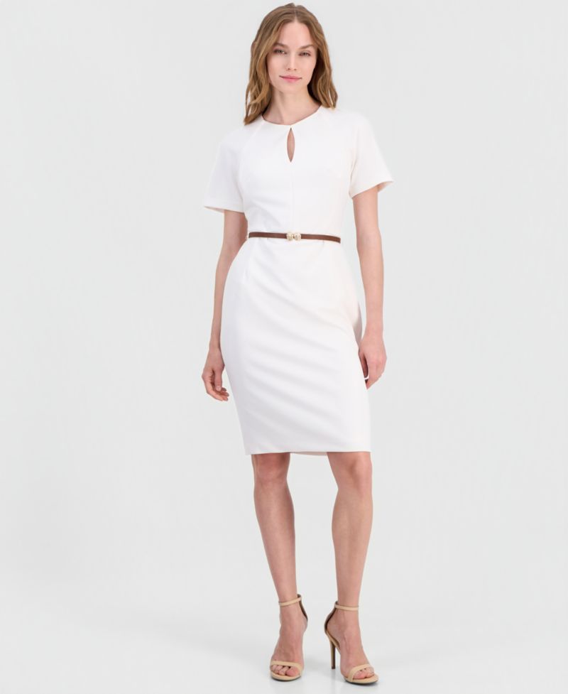 Women's Belted Scuba Crepe Sheath Dress