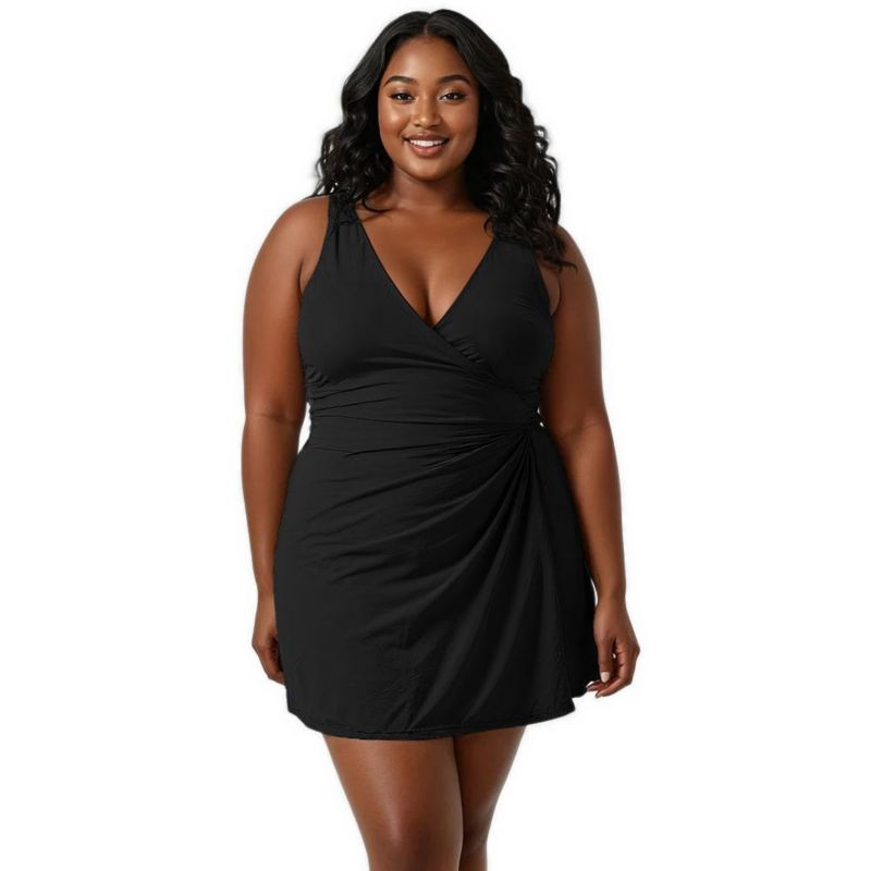 Plus Size Alana Wrap-Style Swim Dress With Hidden Bottoms and Adjustable Straps