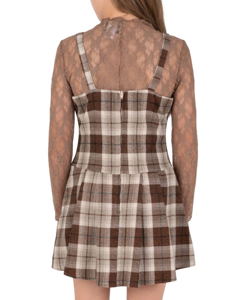 Girls' 7-16 Rhinestone Plaid Jumper and Lace Top, 2-Piece Set