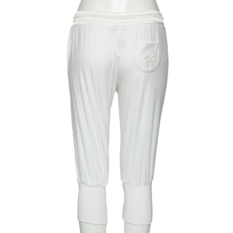 Women's White Cotton Rib Knit Detailed Cropped Joggers