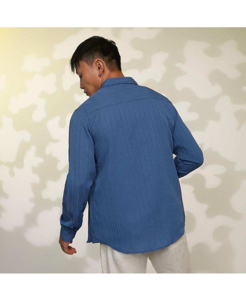 Men's Lapis Blue Self-Design Striped Shirt