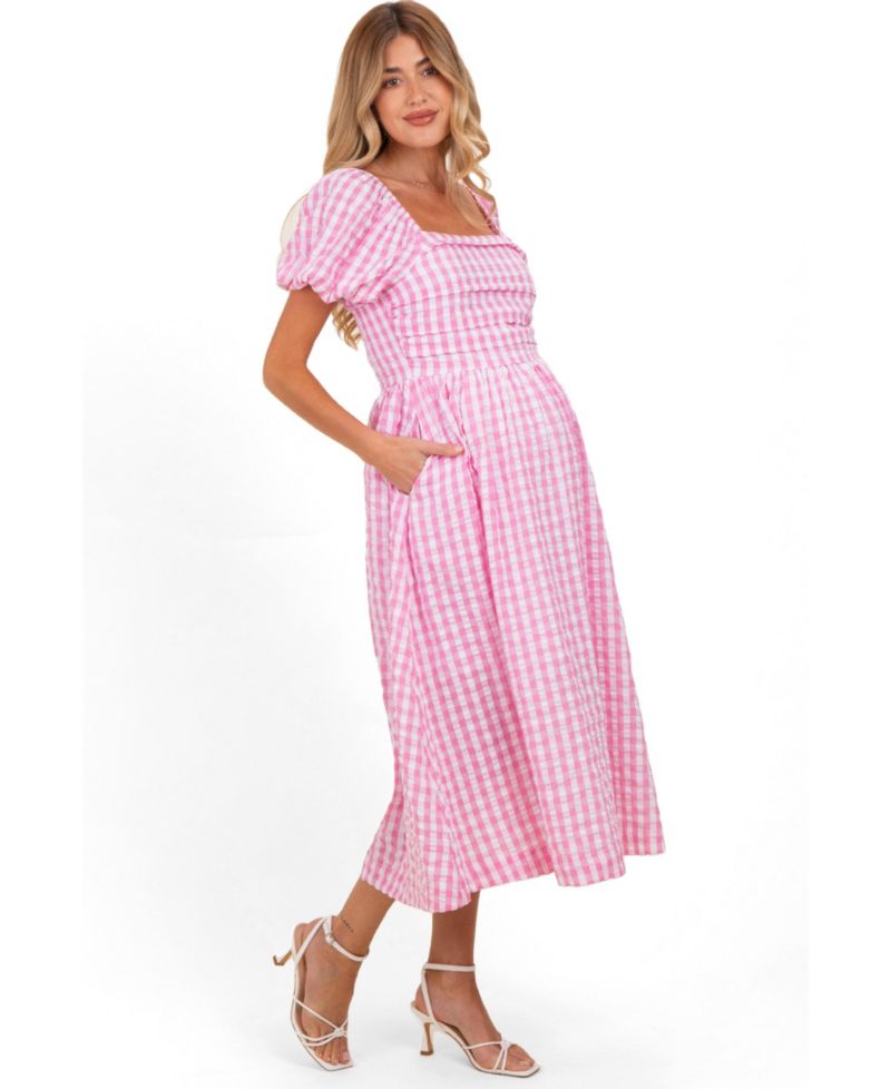 Women's Pink Gingham Puff Sleeve Midi Dress