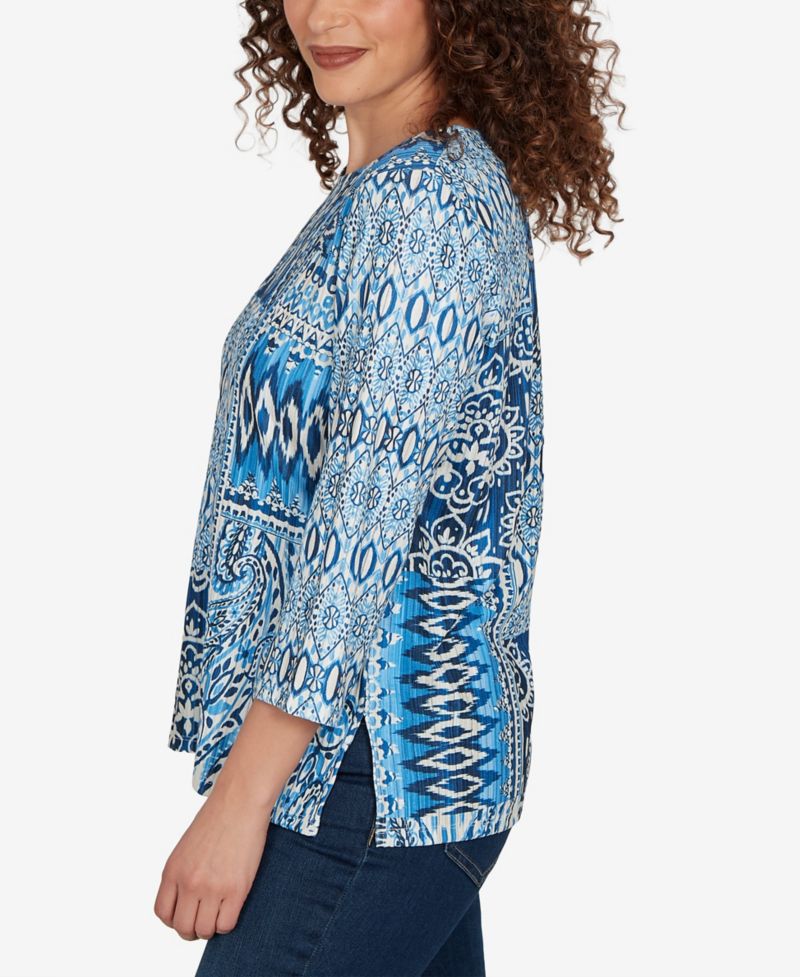 Petite Medallion Navy Patchwork Knit Top