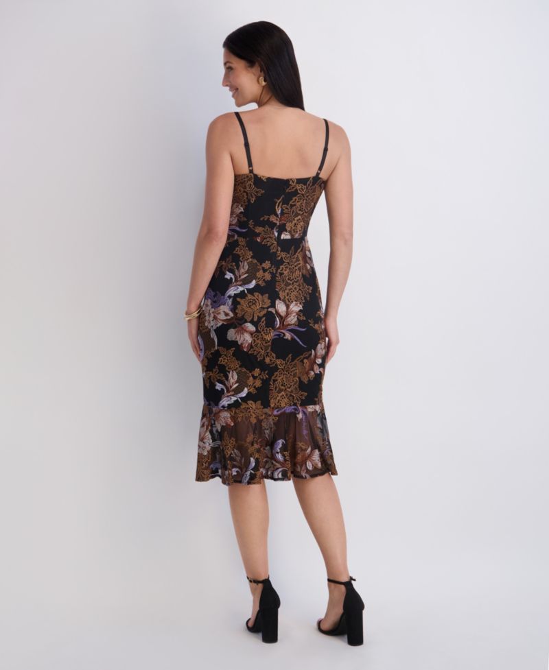 Women's Embroidered Mesh Spaghetti-Strap Mermaid Floral-Print Midi Dress