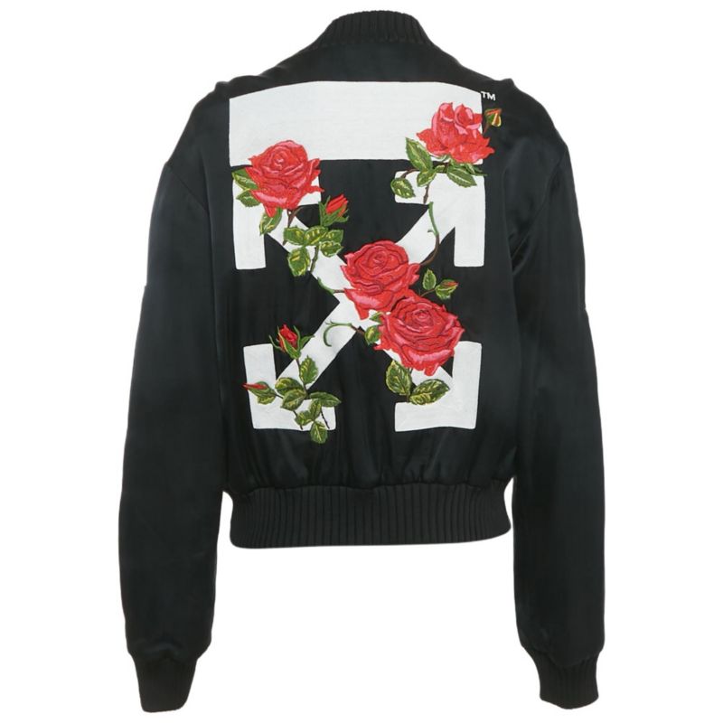 Women's Black Rose And Arrow Embroidered Satin Bomber Jacket