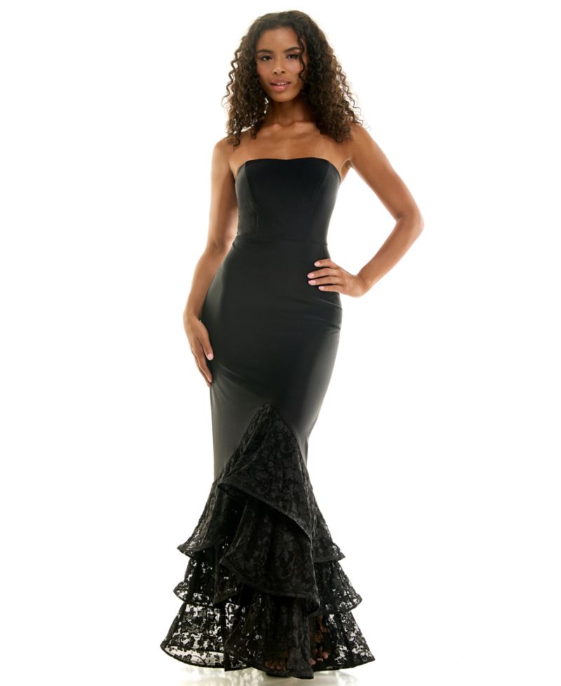 Juniors' Strapless Lace Tiered Hem Dress