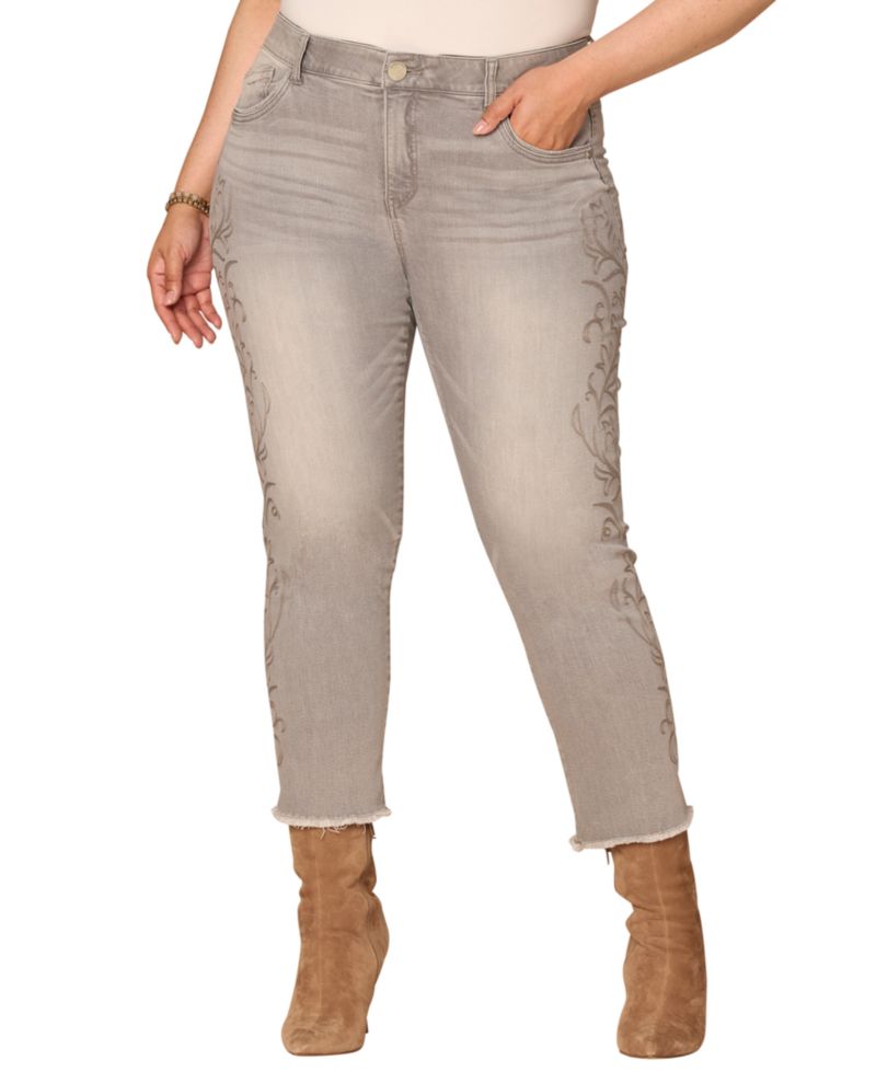 Plus Size Western Embroidery High-Rise Slim Straight Jeans