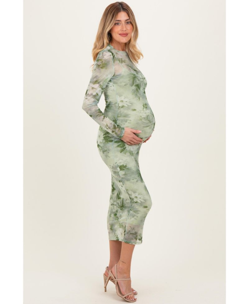 Women's Light Olive Floral Mesh Overlay Maxi Dress