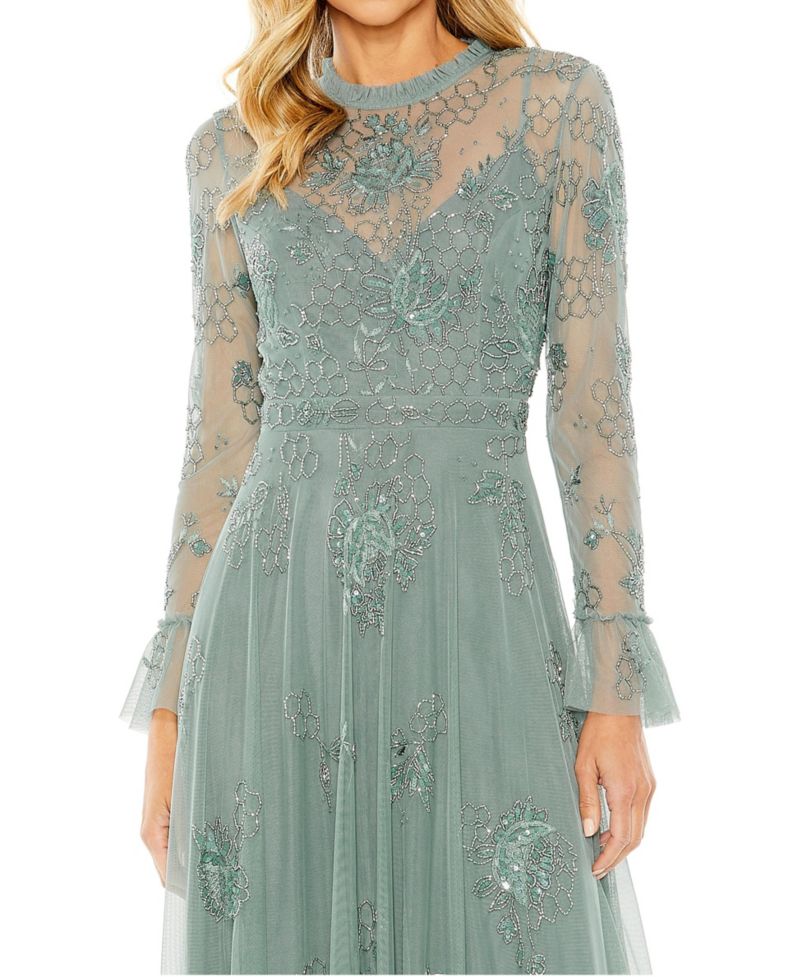 Petite Beaded Embroidered Long-Sleeve Gown