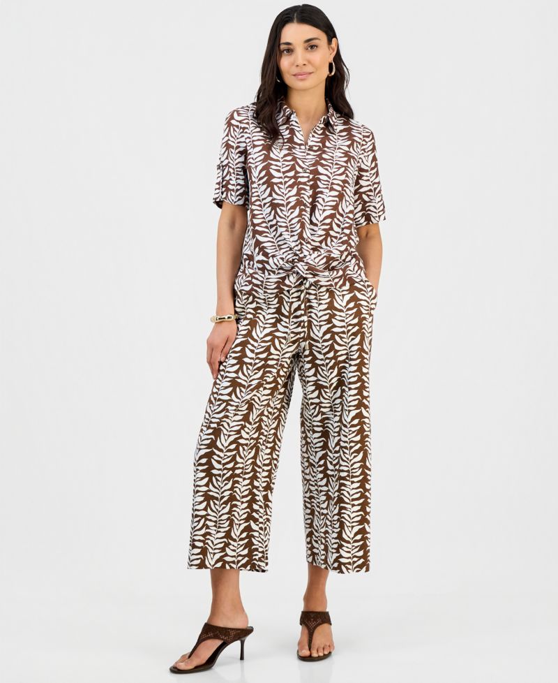Petite Printed Linen High-Rise Wide-Leg Pants