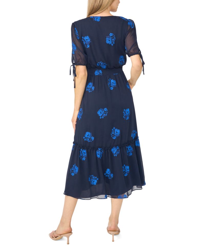 Women's Floral-Print V-Neck Smocked Waist Midi Dress