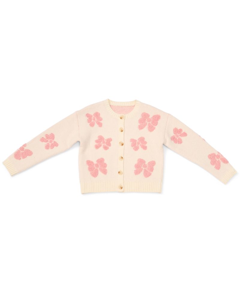 Girls' 4-16 Buttoned Bow Crewneck Cardigan